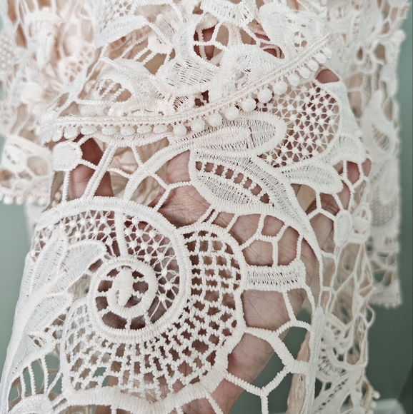 Lulus Briarwood Blush Pink Lace Short-Sleeve Trumpet Hem Ruffled Midi Dress - Picture 10 of 16